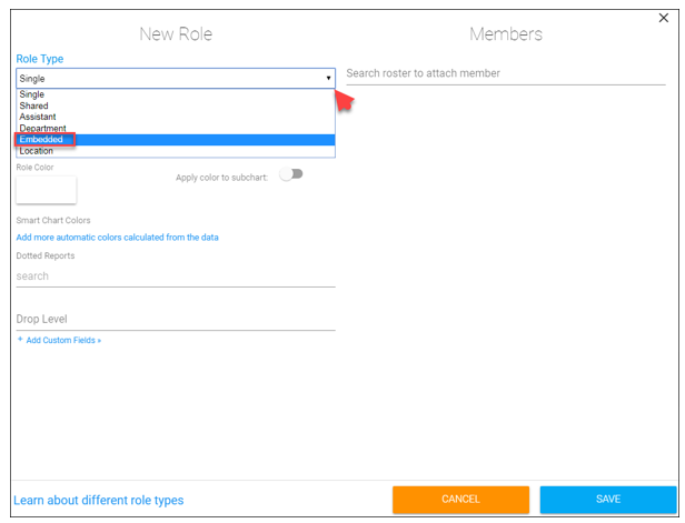 An image showing selection of 'Embedded' from 'Role Type' to create a linked org chart.