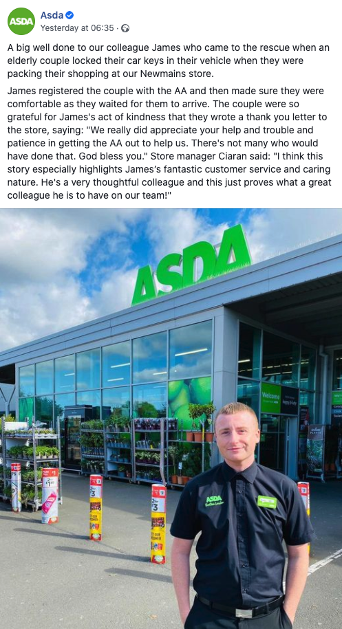 Asda (Walmart) recognizes its employees with regular social mediia posts.