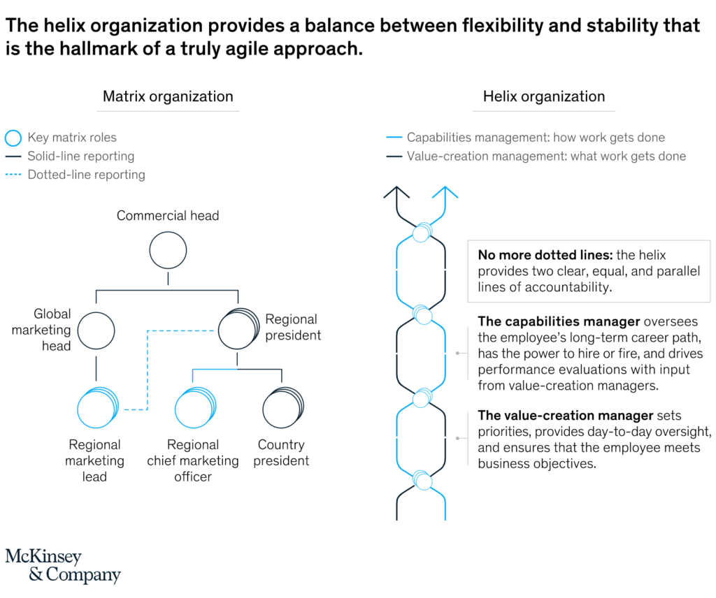 An illustration comparing the matrix org structure with the helix org structure.