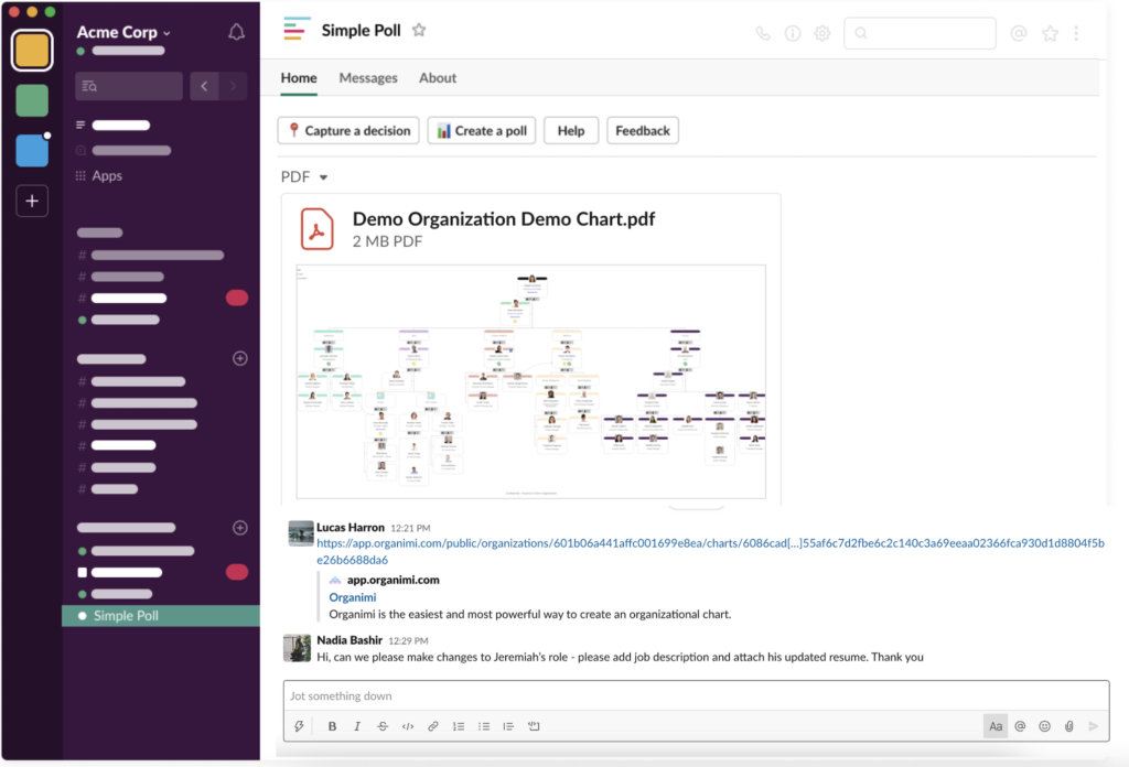 Share your org chart PDFs in Slack to show an embedded preview.